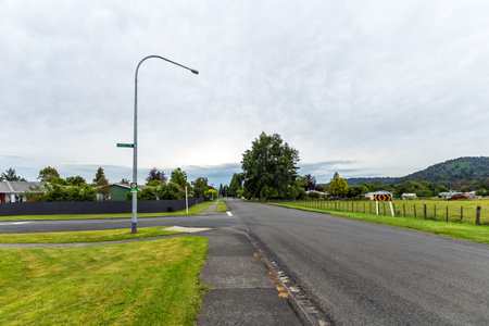Quiet Suburban Street in Ohakune, New Zealand with Countryside Viewsの写真素材