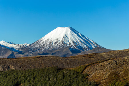 Majestic Snow-Capped Mount Ngauruhoe in Tongariro National Park, New Zealandの写真素材
