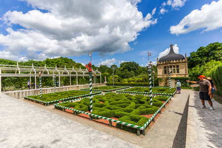Hamilton, New Zealand - January 04, 2024: Ornate Tudor Garden with Decorative Columns and Mazeのeditorial素材