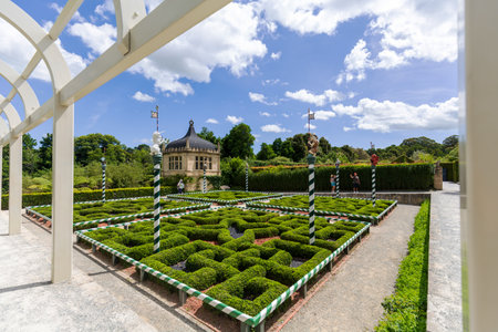 Hamilton, New Zealand - January 04, 2024: Ornate Tudor Garden with Decorative Columns and Mazeのeditorial素材