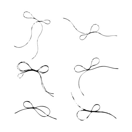 Set of thread scribble bows, double-looped knots. Black line abstract scrawl sketch. Chaotic doodle shapes.のイラスト素材