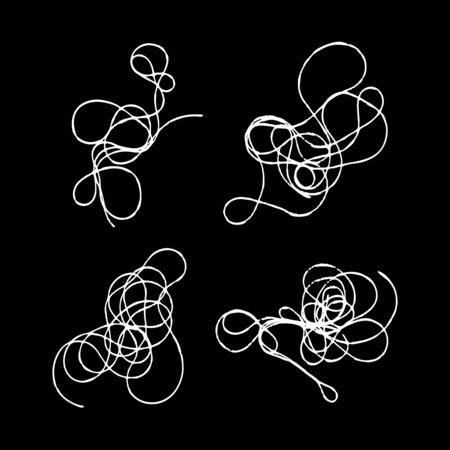 Thread scribble spots, nest, clouds on dark background. Set of tangled threads. Outline abstract scrawl sketch. Vector stock illustration of chaotic doodle shapes. EPS 10のイラスト素材