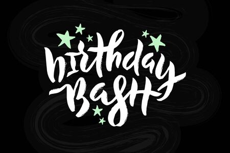Vector stock illustration of Birthday Bash inscription with mint stars for greeting card, invitation. Brush pen lettering calligraphy for birthday party, anniversary. White on black EPS 10のイラスト素材
