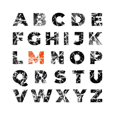 Grunge alphabet font. Abstract handmade sans serif typeface. Set of distress textured letters. Ink splatter surface trace. Vector stock illustration EPS 10. Isolated on white.のイラスト素材