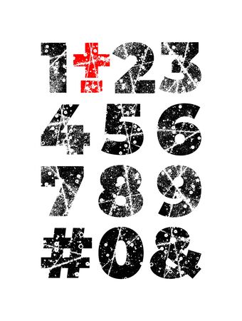 Grunge alphabet font. Abstract handmade sans serif typeface. Set of distress textured numbers. Ink splatter surface trace. Vector stock illustration EPS 10のイラスト素材
