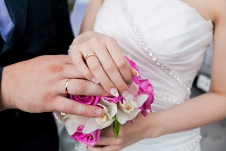 Wedding photograph of a young couple of lovers who are just married, are close to each other in harmony, love and happiness の写真素材