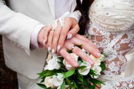 Wedding photograph of a young couple of lovers who are just married, are close to each other in harmony, love and happiness.の写真素材