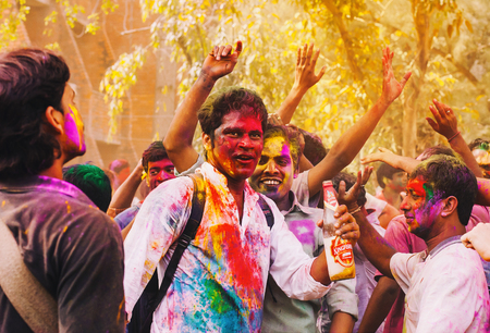 DELHI, INDIA - MARCH 20: Tourists and students of Jawaharlal Nehru University celebrate festival Holi on March 20, 2011 in Delhi, India. Holi is a spring festival celebrated as a festival of colours.のeditorial素材