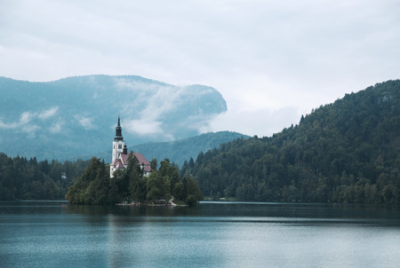 Amazing View On Bled Lake. Autumn time in Slovenia, Europe.の写真素材