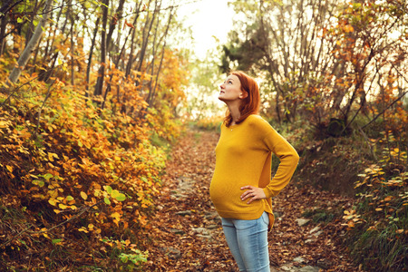 Beautiful pregnant woman in autumn. Photo of healthy pregnancy. Expectant mother walks in autumn park. Waiting for the baby.の写真素材