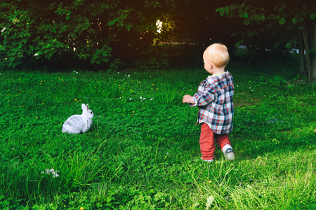 Family with kids in the petting zoo. Adorable little boy baby child communicating with cute rabbit.の写真素材