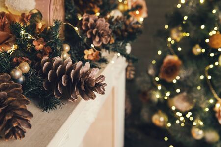 Christmas tree background. Details of the decorated New Year tree: cones, toys, lightsの写真素材