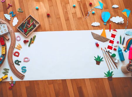 Background for preschool or kindergarten or art classes. Kids educational toys and school supplies...