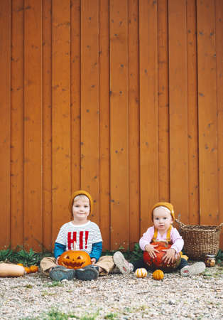 Halloween kids party concept. Adorable children with pumpkins on wooden barn background with copy space. Stylish little girl and boy wearing autumn clothes, knitted hats having fun in countryside.の写真素材