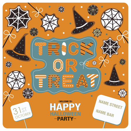 Flyers design for happy halloween party.Candies, stars, spider webs and the phrases Trick or Treat, welcome to happy halloween party, 31st october and the location of the party on the orange background.のイラスト素材