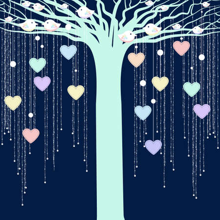 Cover design.The tree with the birds and the hearts on the dark blue background.のイラスト素材