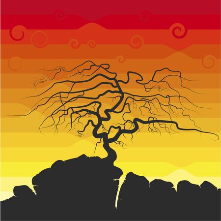 The tree silhouette with no foliage on the cliff, the sunset and clouds.のイラスト素材