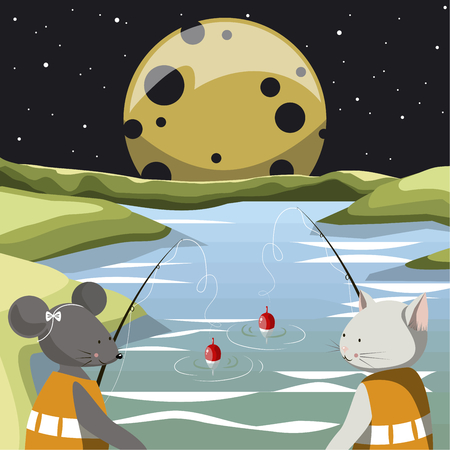 The illustration. The cat and the mouse sit with fishing rods on the lake. On the black sky the stars and a yellow moon in the form of a slice of cheese.のイラスト素材