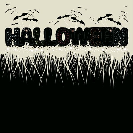 Illustration.The phrase halloween and bats on a beige background. Half of the image on a black background.のイラスト素材