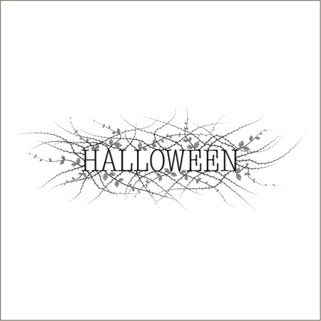 The cover of the invitation on Halloween. The depicts the phrase Halloween in black on a white background and a prickly shrub with few leaves.のイラスト素材