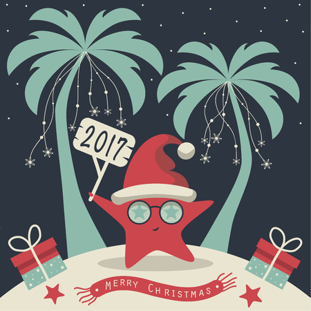 The cover design. Christmas on the island. Depicts two palm trees, a sea star in Santa Claus hat, garlands of snowflakes, presents on the sand, starfish and scarf with the words merry christmas.のイラスト素材