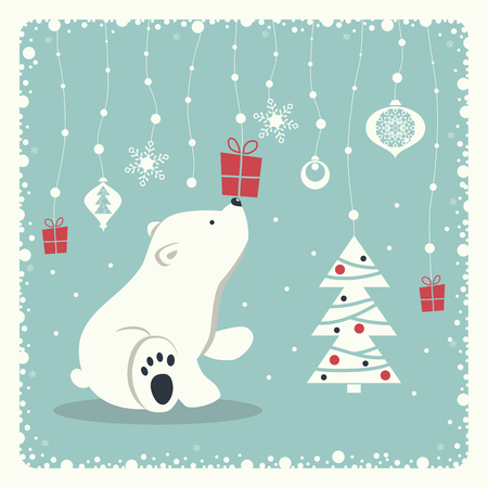 The cover design. Depicts a seated little polar bear. A garland of snow balls, christmas toys, gift box, snowflakes and christmas tree on blue background.のイラスト素材