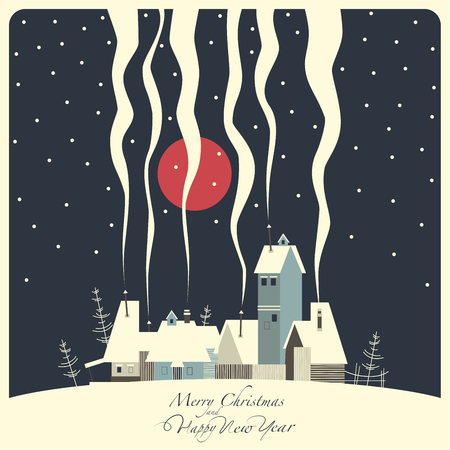 The cover of the card. Depicts a winter village on a snowy hill. From the pipes in homes is the smoke. From the sky the snow falls and the moon shines.The phrase merry Christmas and a happy New year.のイラスト素材