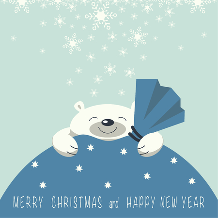Christmas card. The polar bear is on the gift bag. Gift bag blue. On the gift bag the phrase merry Christmas and a happy New year.のイラスト素材