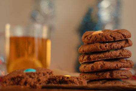 Brown chocolate shortbread cookies. Preparing for the winter New Year holidays. Baking for the holiday table.の写真素材