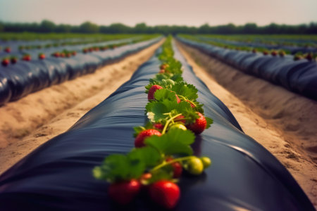 Rows of strawberry on ground covered by plastic mulch film . Cultivation of berries and vegetables using mulching method. Created with Generative AI technologyの素材