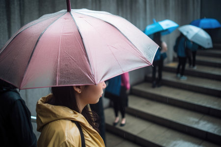 Person walking with umbrella. Cityscape in bad rainy weather. Created with Generative AI technologyの素材