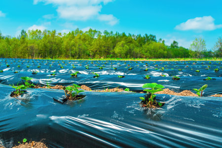 Rows of strawberry on ground covered by plastic mulch film. agriculture organic farming. Cultivation of berries and vegetables using mulching methodの写真素材