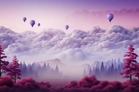 Colorful hot air balloons flying over the misty forestの素材