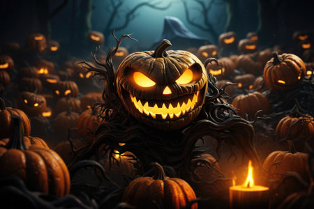 Halloween pumpkins and candles in dark forestの素材