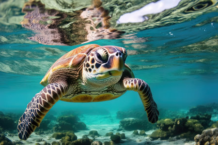 Green Sea Turtle swimming in the sea. Green sea tortoise swimming underwaterの素材