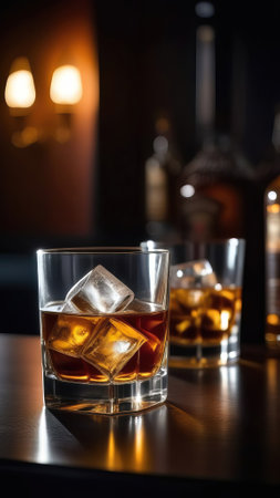 Whiskey on the rocks with ice cubes on a dark backgroundの素材
