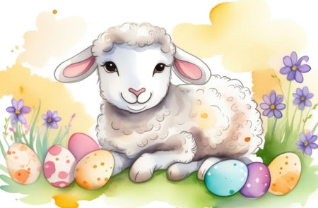 Easter greeting card with cute lamb and colorful eggs. Watercolor illustrationの素材