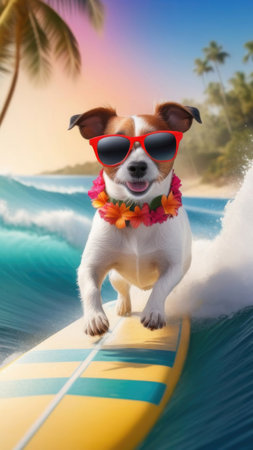 jack russell terrier dog wearing a Hawaiian wreath and red sunglasses riding a surfboard with tropical beach backgroundの素材