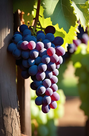 Ripe red grapevine in vineyard on sunny summer day, closeup viewの素材