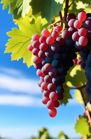 Bunch of red grapes in vineyard against blue sky and sun rays, closeup viewの素材