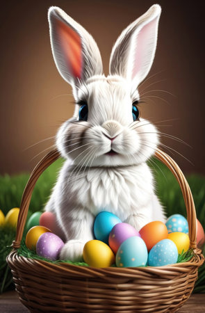 Easter bunny with basket of colorful easter eggs on green grassの素材