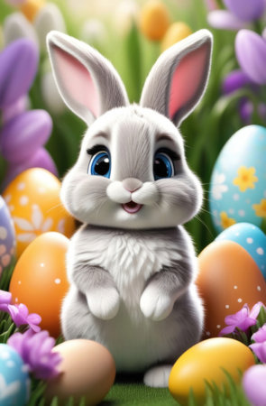 Cute easter bunny with easter eggs and spring flowersの素材