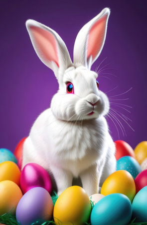 Easter bunny with colorful eggs on purple backgroundの素材
