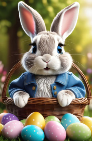 Cute Easter bunny with basket of colorful eggs on green grass outdoorsの素材