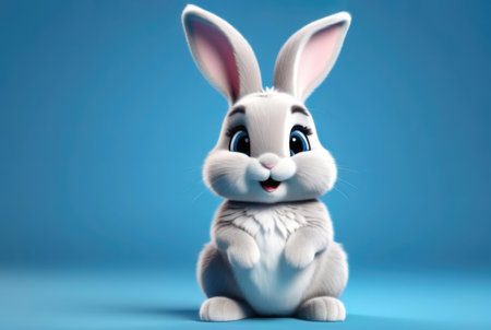 Cute white easter bunny sitting on blue backgroundの素材