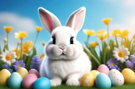Cute Easter bunny with colorful easter eggs on green grass with spring flowers backgroundの素材