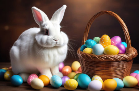 Easter bunny and colorful eggs in a basket on a wooden backgroundの素材