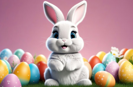 Easter bunny with colorful eggs and flowers on green grass against pink backgroundの素材