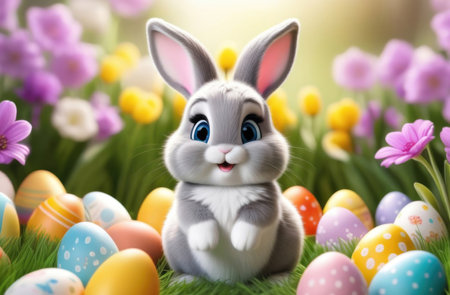 Easter bunny with colorful eggs on green grass with spring flowers backgroundの素材