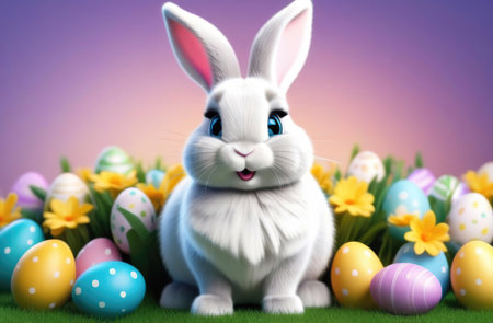 Easter bunny with colorful eggs and flowers on green grass against pink backgroundの素材